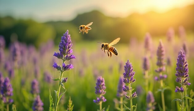 Two bees fly over violet lavender field. Summer sun lights rural plantation with wildflowers. Insects pollinate flowers. Honeybees collect pollen, nectar on meadow. Countryside farming provides eco - Powered by Adobe