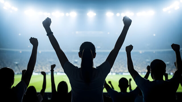 Silhouetted crowd cheering at a sports event under bright stadium lights - Powered by Adobe