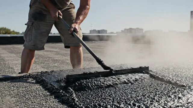 Professional Construction Worker Spreading Hot Liquid Asphalt on a Flat Roof.