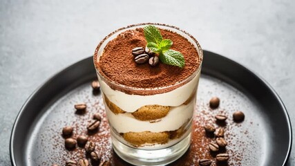 Creamy Dessert with Cocoa Powder and Coffee Beans on Black Plate