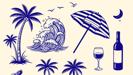 A collection of hand-drawn summer vacation and beach themed illustrations in a blue ink vintage style. © SAI CREATIVE