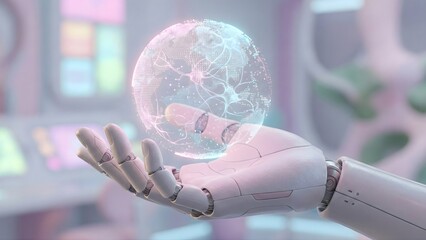 A white robotic hand gently holds a glowing, holographic digital globe with an internal neural network structure, symbolizing global AI and connectivity.