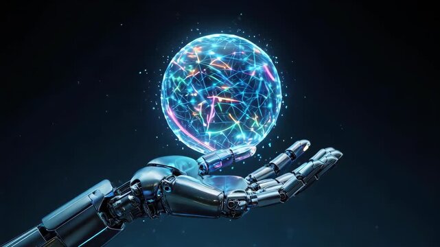 Robotic hand holds glowing orb with network connections in dark space