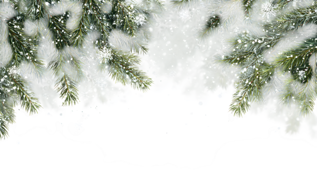 Green pine branch border with sparkling snowflakes and soft shadows isolated on white background