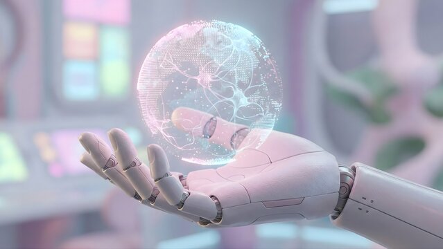 A white robotic hand gently holds a glowing, holographic digital globe with an internal neural network structure, symbolizing global AI and connectivity. - Powered by Adobe