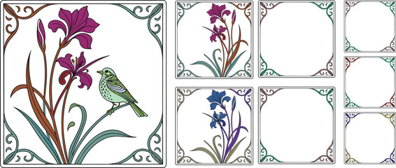 Flowers. Floral card. Vector classic vintage illustration of rich baroque frame, aesthetic elements, elegant pattern, irises, marigolds and bird for greeting card, wedding invitation or background