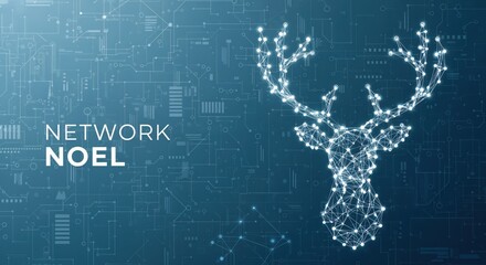 NETWORK NOEL digital Christmas deer head illustration on blue circuit board background
