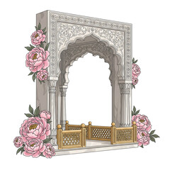 White Marble Archway with Golden Balcony and Pink Peonies (65) card isolated on a transparent background