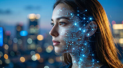 Side profile of a young woman with glowing digital circuit board skin overlay looking at a futuristic city skyline. Concept of facial recognition, smart city technology, and biometrics.