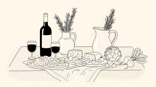A detailed line drawing of a rustic dinner table setting with wine, food, cheese, and fresh vegetables, adorned with herbal arrangements.