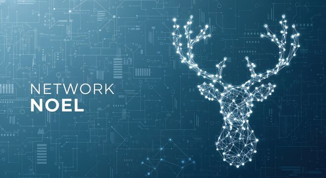 NETWORK NOEL digital Christmas deer head illustration on blue circuit board background