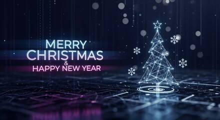 MERRY CHRISTMAS & HAPPY NEW YEAR digital greeting card with glowing polygonal tree and snowflakes on futuristic circuit background