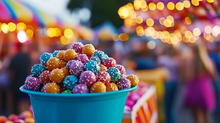 Colorful candy balls sit piled high in a blue plastic bucket against a blurred background of carnival lights and people.