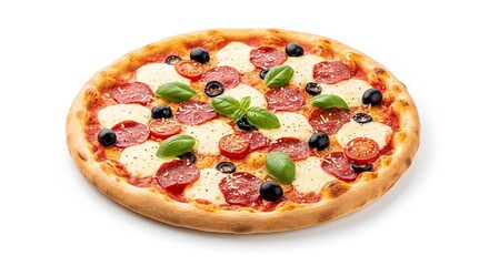 Delicious pepperoni pizza with olives and basil isolated on white background