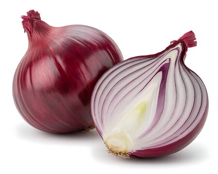 Two fresh red onions one whole and one halved on white background