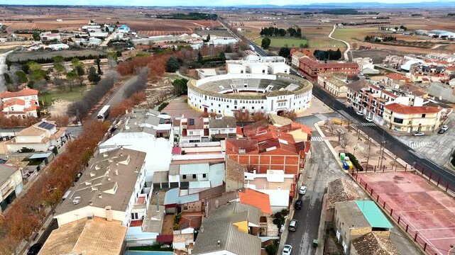 Approaching drone view of bullring in Tarazona de la Mancha