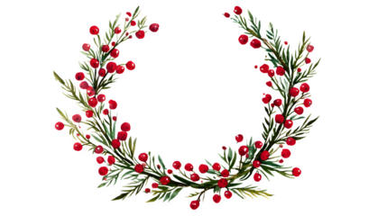 Hand-drawn floral wreath illustration featuring red berries and evergreen foliage isolated on white background