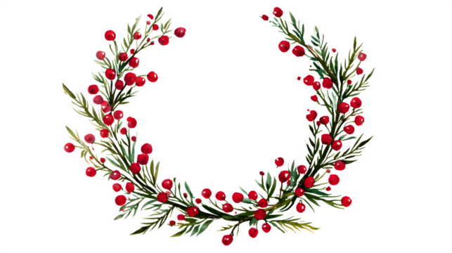 Hand-drawn floral wreath illustration featuring red berries and evergreen foliage isolated on white background