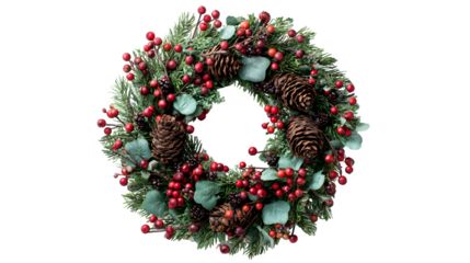 Handmade pine wreath with berries and pinecones in rustic style isolated on white background