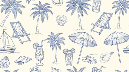 Seamless pattern with beach elements in blue on a light background.