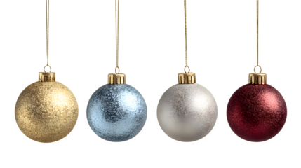 Hanging Christmas baubles in gold, silver, blue, and red hues isolated on white background