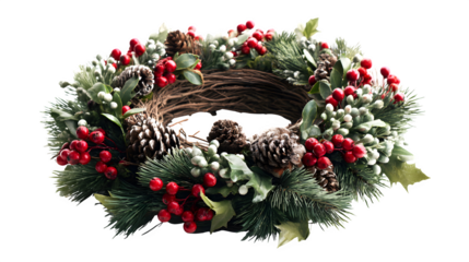 Handmade pine wreath with berries and pinecones in rustic style isolated on white background
