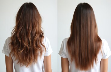 Fototapeta premium Split image damaged hair versus healthy hair. Womans back displays dry split ends, over-brushing effects on one side. Shows smooth straight brown locks. Illustrates hair care issues, solutions for