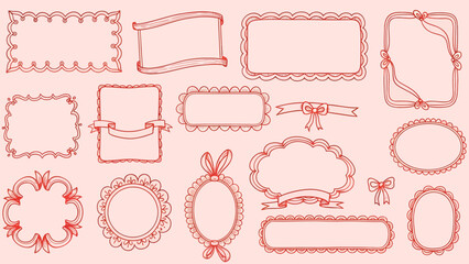 A collection of hand-drawn red doodle frames, borders, and ribbons in various shapes and decorative styles on a light pink background.