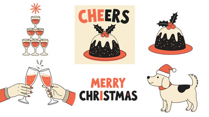 Festive Christmas-themed illustration featuring a champagne tower, pudding, dog, and holiday greetings.