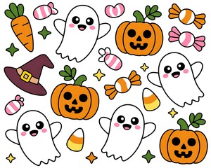 Cute kawaii halloween characters and candies illustration