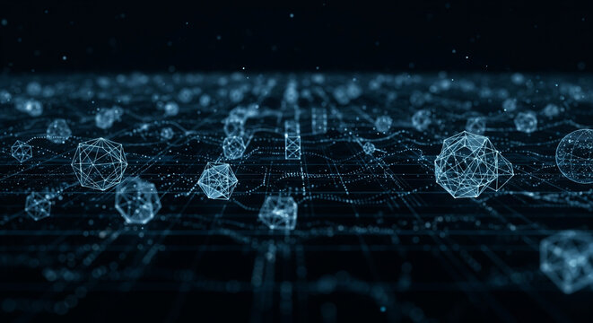 Abstract Digital Landscape with Geometric Shapes and Data Grid
A dynamic and futuristic 3D render depicting an abstract digital environment or data landscape