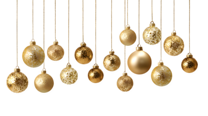 Hanging gold Christmas ornaments arranged in decorative formation isolated on white background