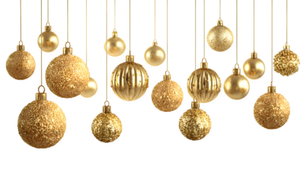 Hanging gold Christmas ornaments arranged in decorative formation isolated on white background