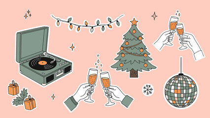 A collection of retro-style Christmas and New Year's Eve party celebration stickers on a pink background.