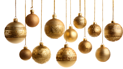 Hanging gold Christmas ornaments arranged in decorative formation isolated on white background
