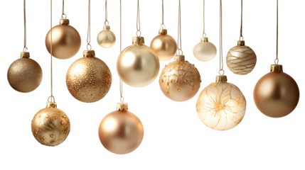 Hanging gold ornaments and baubles glowing softly isolated on white background