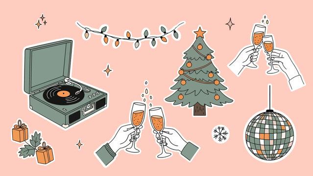 A collection of retro-style Christmas and New Year's Eve party celebration stickers on a pink background. - Powered by Adobe