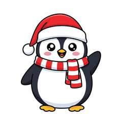 Cute christmas penguin waving hello wearing santa hat and scarf
