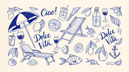 A collection of hand-drawn blue illustrations depicting an Italian summer and 'La Dolce Vita' theme with beach elements. © SAI CREATIVE