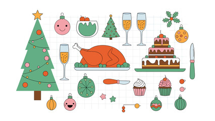 A festive collection of Christmas and New Year's holiday elements, including a decorated Christmas tree, roasted turkey, tiered cake, champagne glasses, ornaments, and cupcakes.