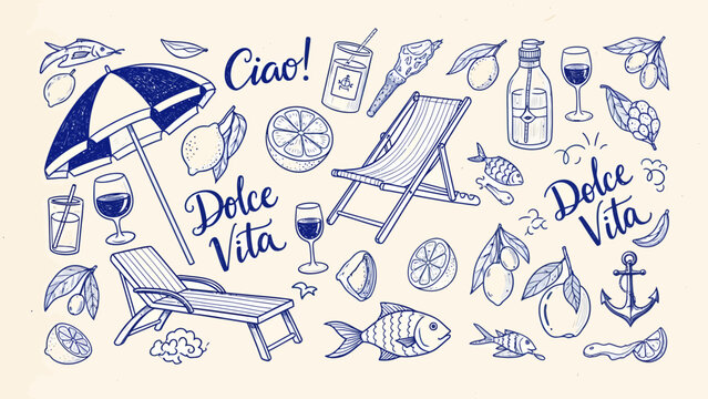 A collection of hand-drawn blue illustrations depicting an Italian summer and 'La Dolce Vita' theme with beach elements.