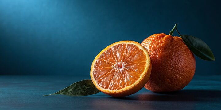 A still life of two oranges one whole and one cut in half with green leaves on blue background - Powered by Adobe