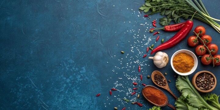 Overhead shot of spices and vegetables on a blue textured surface with copy space