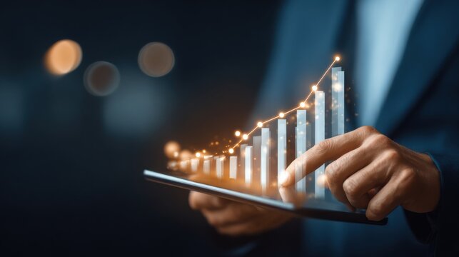 Businessman analyzing growing financial graph on tablet
