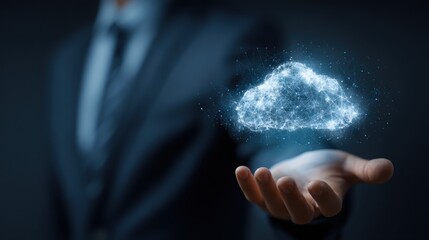 Businessman holding glowing digital cloud network