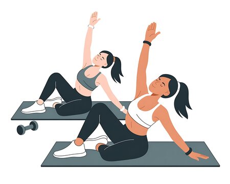 Two women exercising on yoga mats with dumbbells