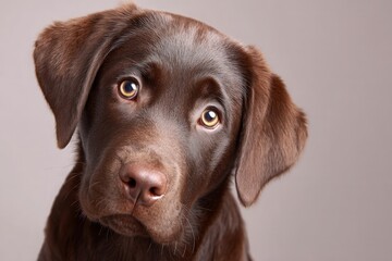 Chocolate Labrador puppy tilts head, gazing with curious eyes, showing playful nature and friendly expression.