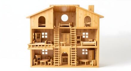 A charming wooden dollhouse with multiple levels isolated on white background