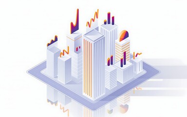 Isometric illustration of futuristic city with financial data charts and graphs