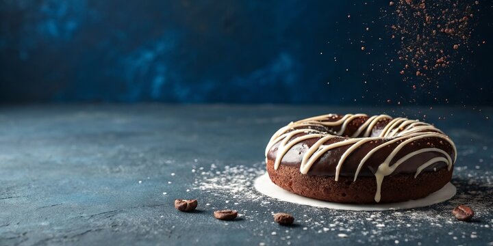 A chocolate donut with white drizzle and sprinkles on a dark blue surface backdrop - Powered by Adobe